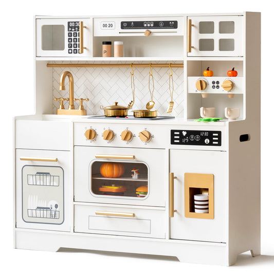 Interactive Wooden Play Kitchen Set for Kids Realistic Features with Extended Storage and 15 Kitchen Accessories, Ideal Pretend Playset Gift for Toddlers and Children Ages 3+