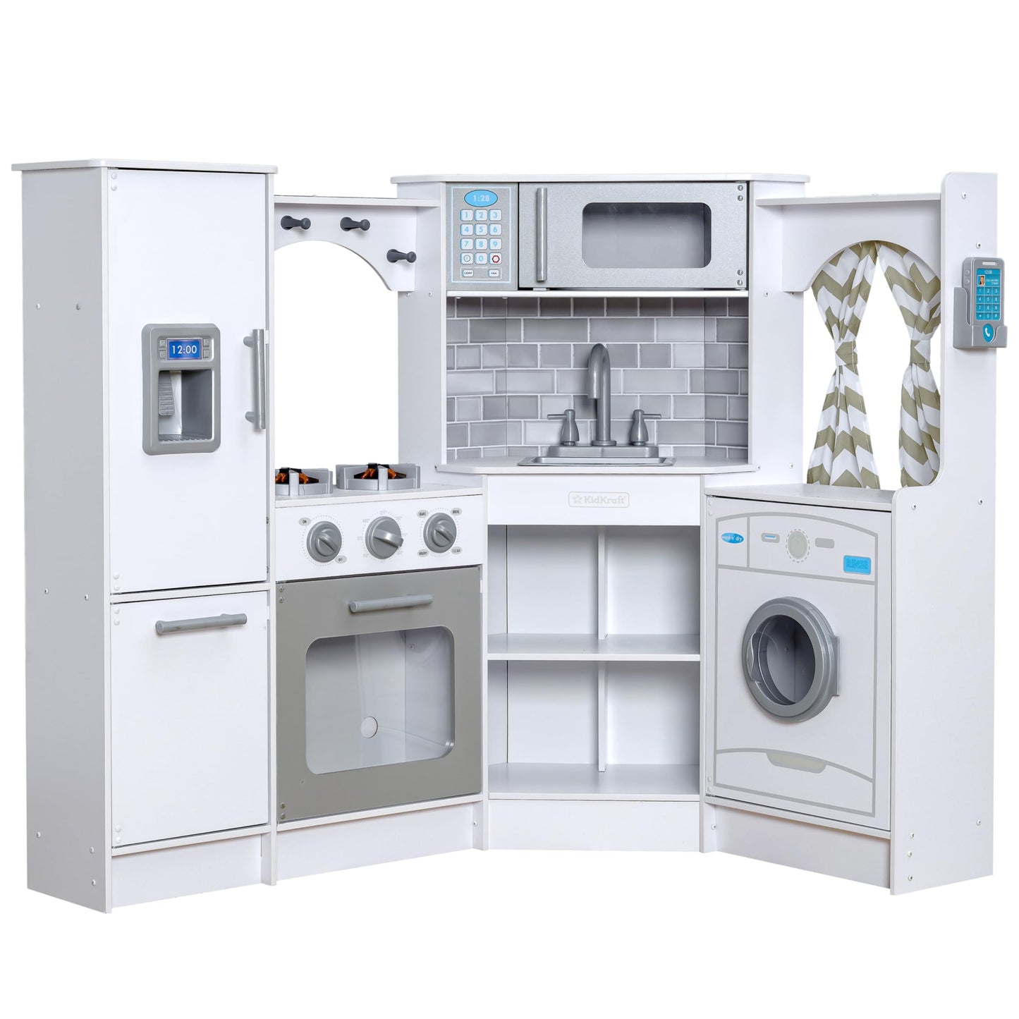 KidKraft Ultimate Corner Wooden Play Kitchen with Lights & Sounds, Play Phone and Curtains, White