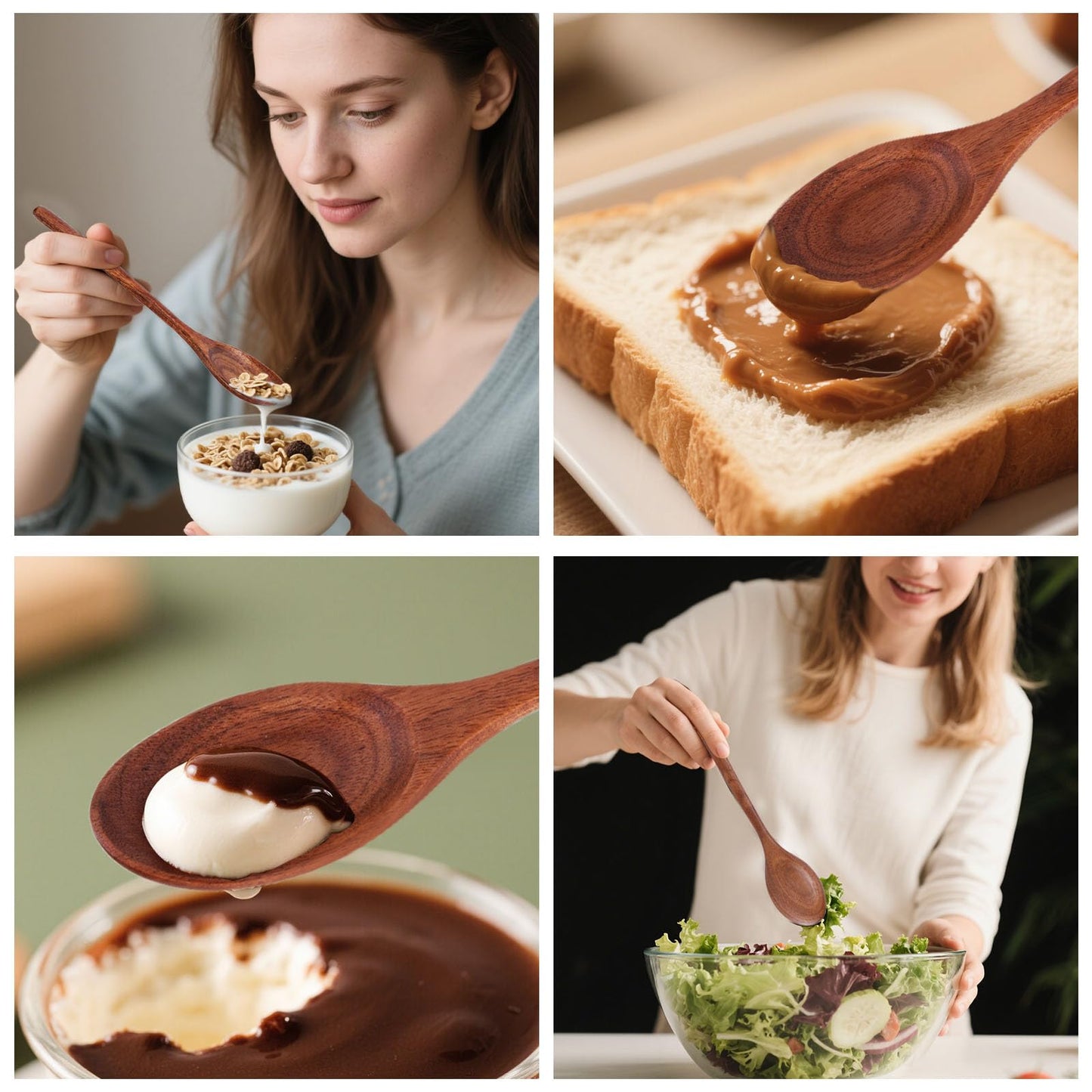 HAKSEN Wooden Spoons for Eating, 8.2 Inch Wood Mixing Soup Spoon with Long Handle for Korean Food Daily Meal Stirring Sauce Coffee, 6PCS