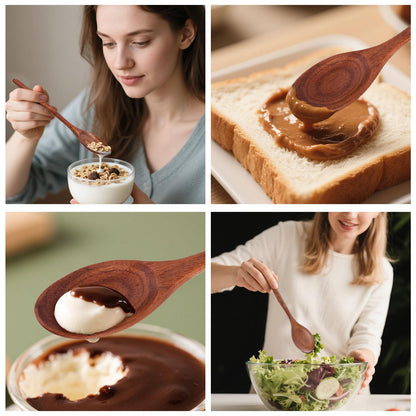 HAKSEN Wooden Spoons for Eating, 8.2 Inch Wood Mixing Soup Spoon with Long Handle for Korean Food Daily Meal Stirring Sauce Coffee, 6PCS