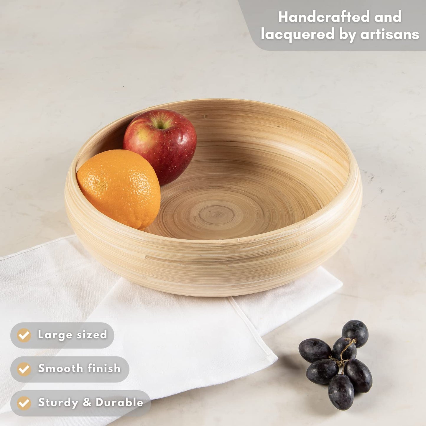 LEXA 12" Handmade Natural Bamboo Wooden Fruit Bowl for Kitchen Counter - 130 oz Lightweight Large Bamboo Wood Salad Bowl
