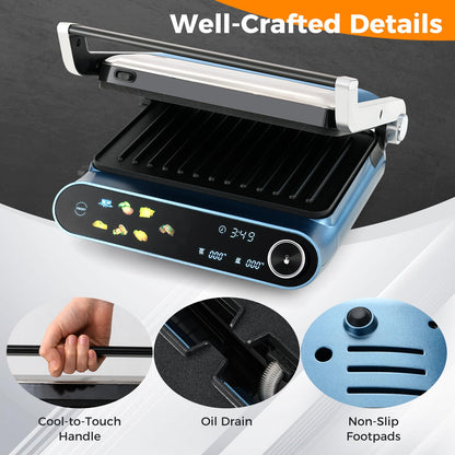 Happygrill 3 in 1 Panini Press and Electric Indoor Grill, 1200W Open Flat Teppanyaki Griddle w/ 2 Non-Stick Dishwasher-Safe Plates, 7 Grilling Modes, LED Display, Independent Temp Control & Drip Tray
