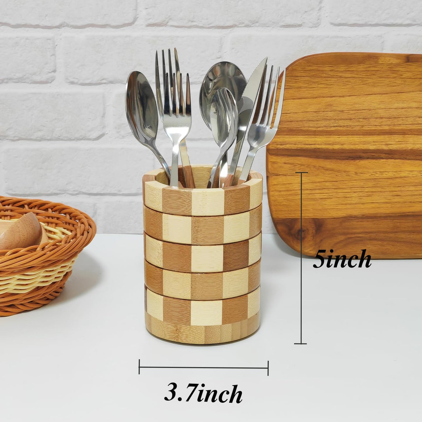 TIWPAJS Bamboo Silverware Holder, Silverware Caddy, Silverware Organizer, Utensil Holder for Kitchen Countertop, Wooden Kitchen Utensil Organizer, Cooking Utensil Holder, Flatware & Utensil Storage