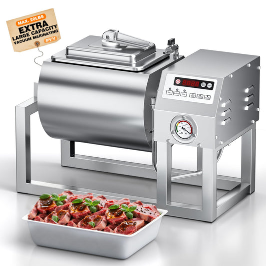 PYY Vacuum Tumbler Marinator - Max.20LBS Commercial Meat Tumbler Marinator w/Pressure Gauge 20L, 30 Minute Fast Marinating, 80W Copper Motor, 3-Speed,Stainless Steel Meat Tumbler for Catering Kitchen