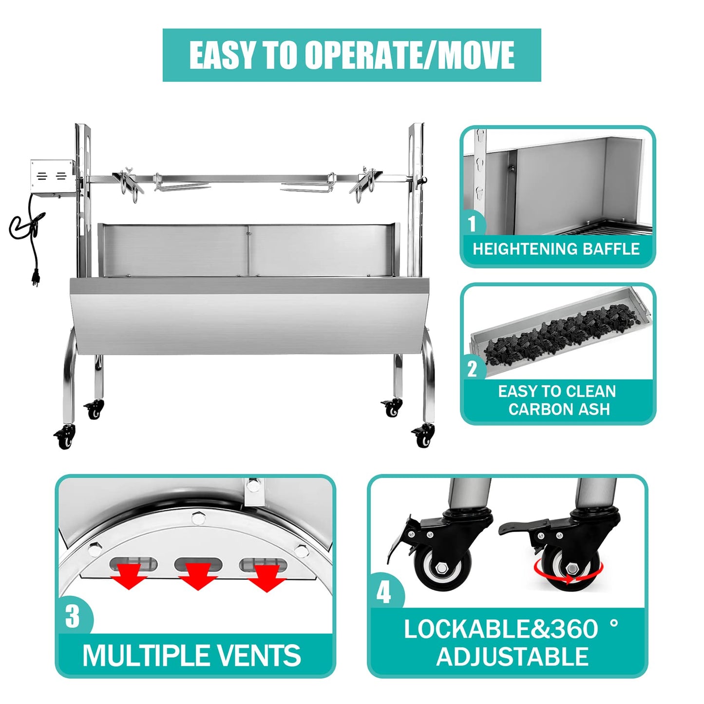 176LBS Stainless Steel Rotisserie Grill Roaster Small Pig Lamb with Back Cover Guard 25W Motor for Camping Outdoor BBQ Silver