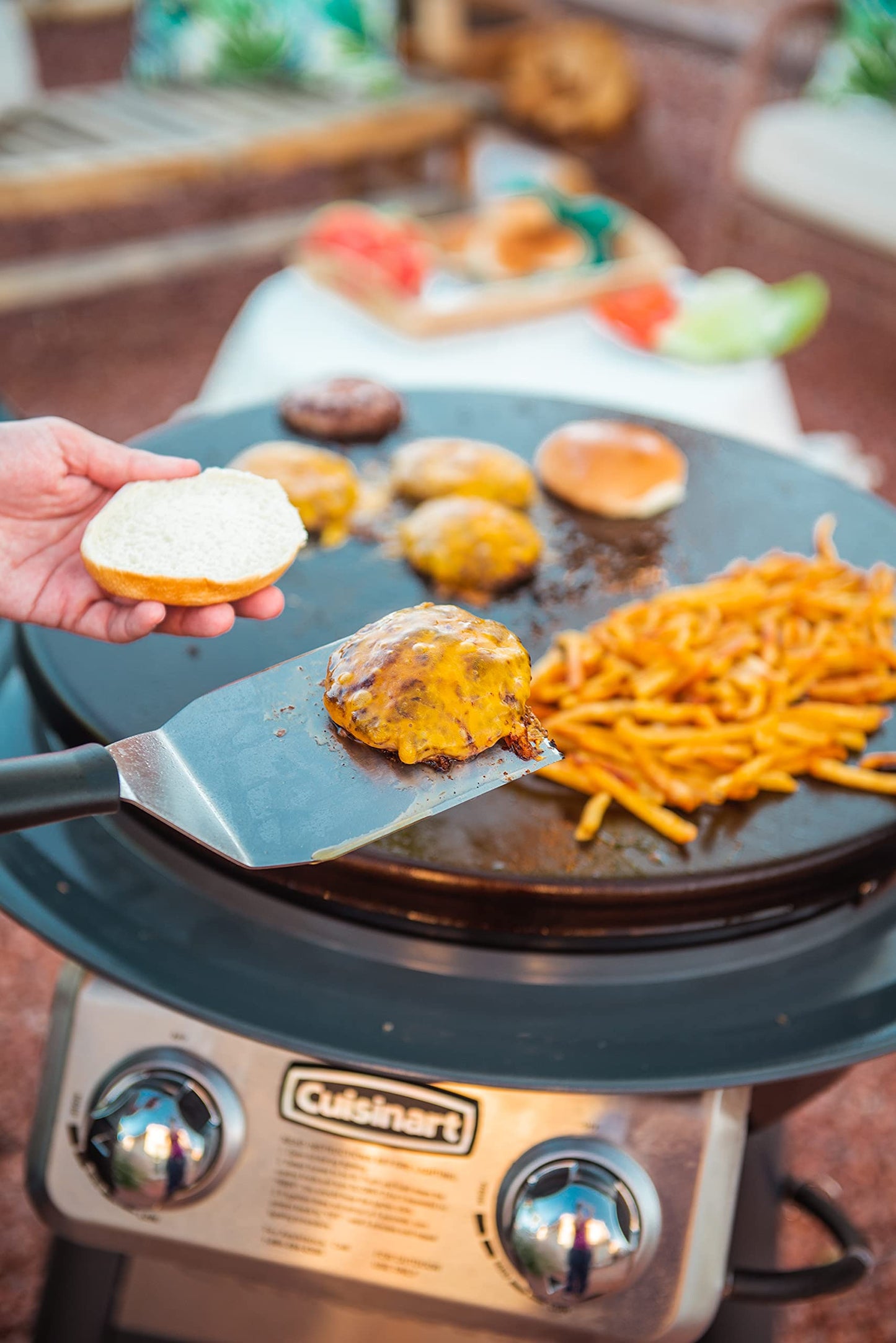 Cuisinart 360° Griddle Outdoor Cooking Center, 22” Round Flat Top Grill with Stainless Steel Vented Lid, Folding Prep Table, 30,000 BTU Burners, Grease Management, Gas Grill Perfect for BBQ, Cookouts