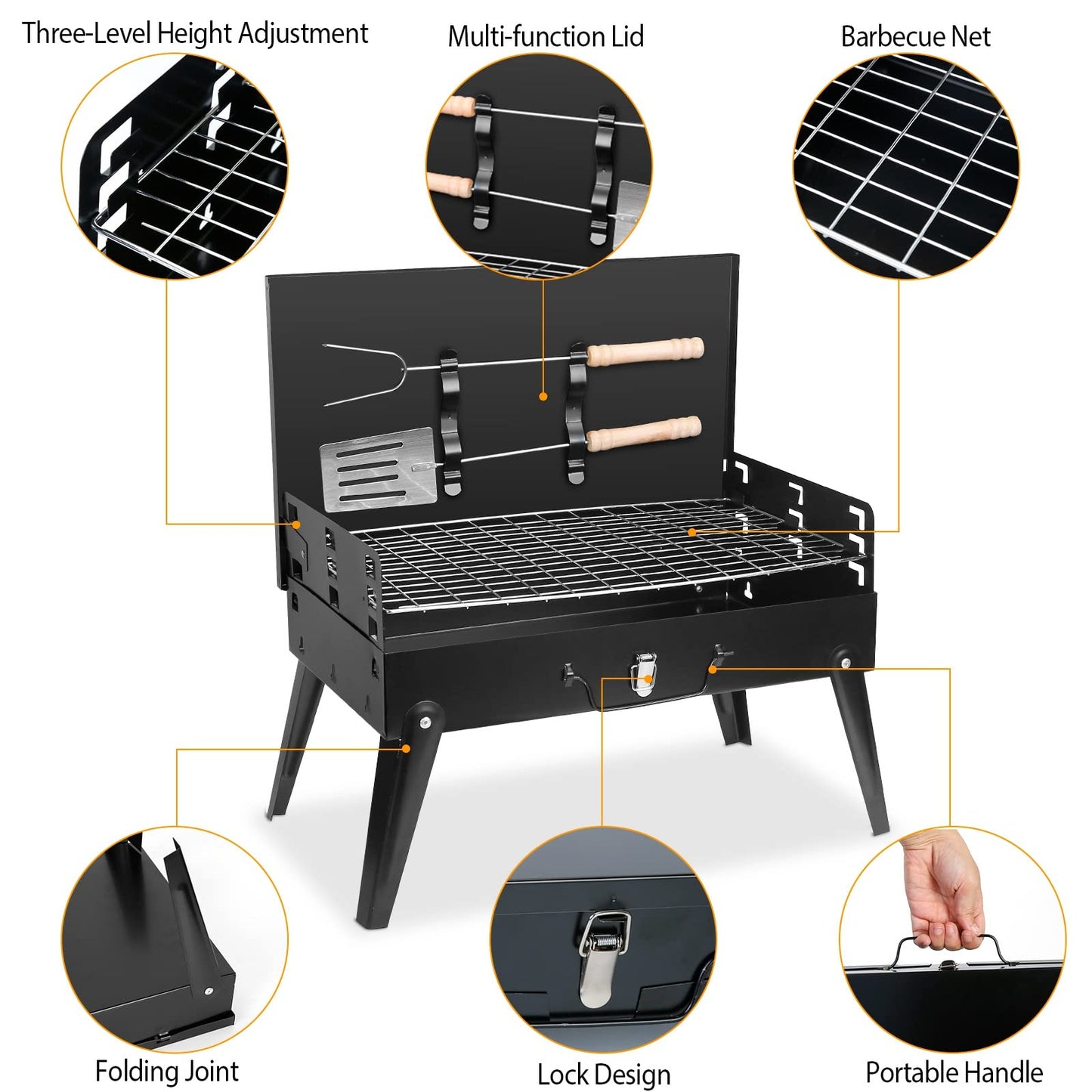 TeqHome Portable Charcoal Grill, Small BBQ Grill Outdoor Folding Barbecue Grill with Barbecue Accessories & Lid, Foldable Camping Grill for Outdoor Cooking Camp Picnic Hiking Beach Patio Smokers