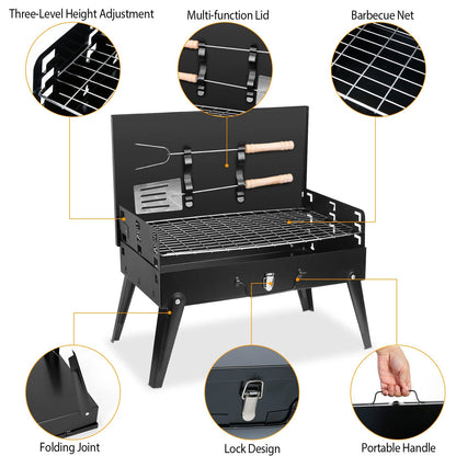 TeqHome Portable Charcoal Grill, Small BBQ Grill Outdoor Folding Barbecue Grill with Barbecue Accessories & Lid, Foldable Camping Grill for Outdoor Cooking Camp Picnic Hiking Beach Patio Smokers