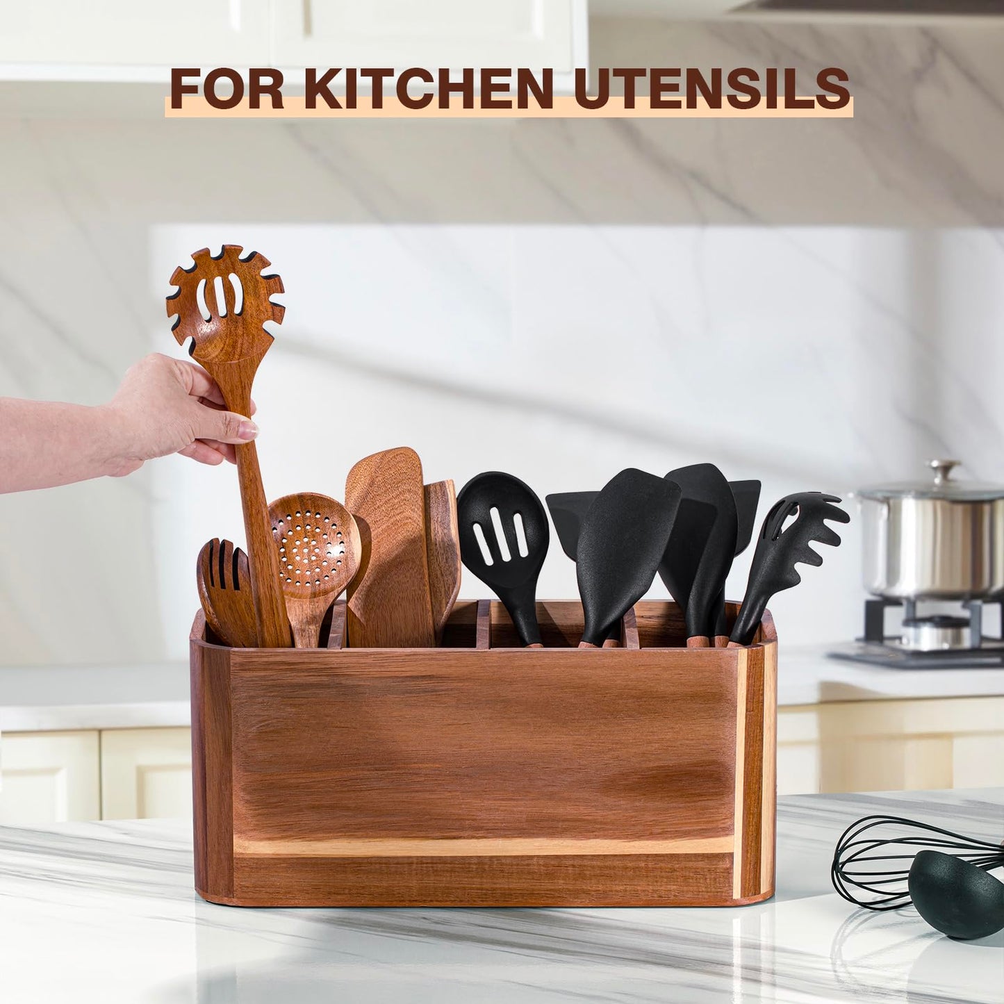 Utensil holder for Kitchen Counter - Large Kitchen Utensil Holder Organizer for Counter or Countertop, Large Wooden Utensil Holder with 4 Compartment（Acacia Wood）