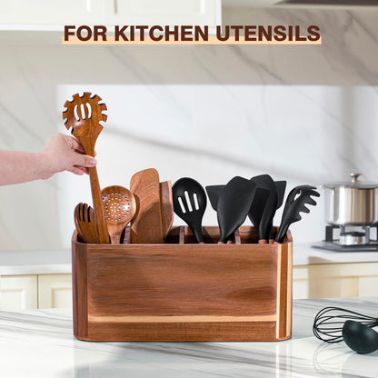 Utensil holder for Kitchen Counter - Large Kitchen Utensil Holder Organizer for Counter or Countertop, Large Wooden Utensil Holder with 4 Compartment（Acacia Wood）