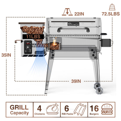 KingChii Portable Electric Wood Pellet Grill & Smoker with Foldable Legs, 456 SQ.IN Grill Capacity, 18LB Hopper, with PID Temperature Control (180-425°F) for Backyard Camping Bake and Roast, Black