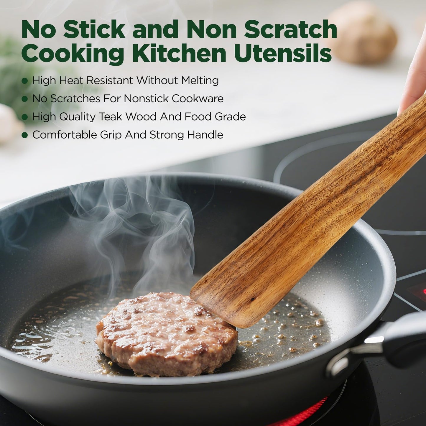 ANBUY 12 Inch Teak Wood Spatula for Cooking, Flat Wooden Scraper Turner for Cast Iron, Egg Fish Flipper Spatulas for Flipping, Serving, Scraping & Turning