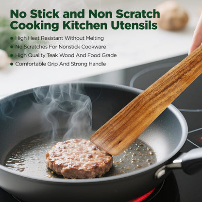 ANBUY 12 Inch Teak Wood Spatula for Cooking, Flat Wooden Scraper Turner for Cast Iron, Egg Fish Flipper Spatulas for Flipping, Serving, Scraping & Turning