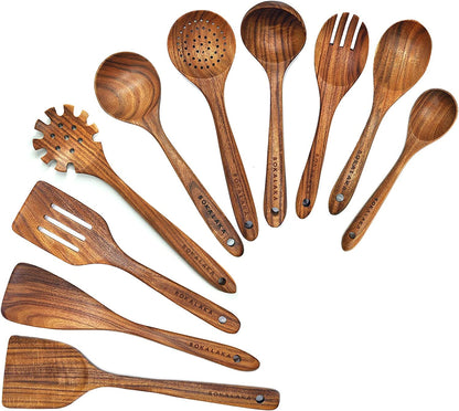 Wooden Spoons for Cooking,10 Pcs Natural Teak Wooden Kitchen Utensils Set Wooden Utensils for Cooking Wooden Cooking Utensils Wooden Spatulas for Cooking