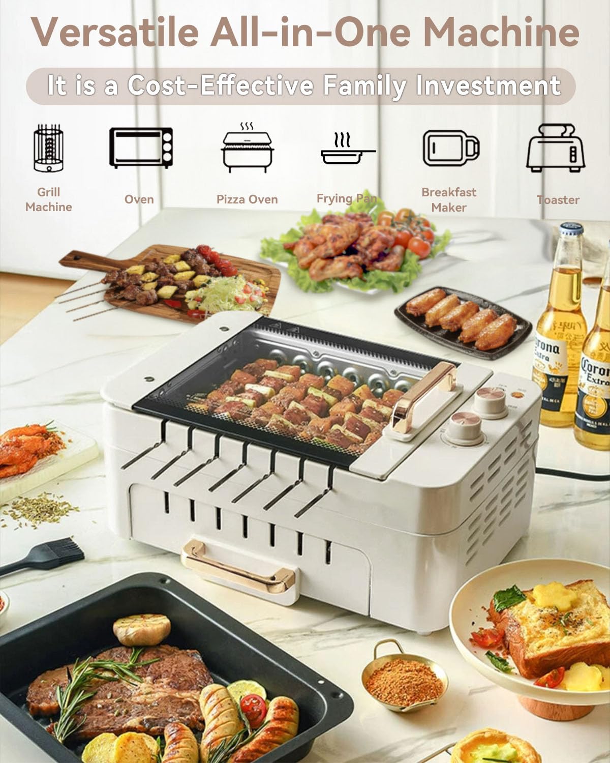 XHJ Indoor BBQ Kabob Skewers Grill,Smokeless Auto 360° Rotating Electric Barbecue Skewers Rotisserie,3 In 1 Indoor Electric Tabletop Grill with Removable Lid,Dual Zone Cooking