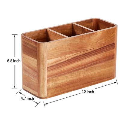 LOHONER Wooden Utensil Holder for Kitchen Counter, Large Acacia Utensil Holder for Countertop with 3 Compartment, Cooking Utensil Organizer, Silverware Caddy with DIY Greeting Cards