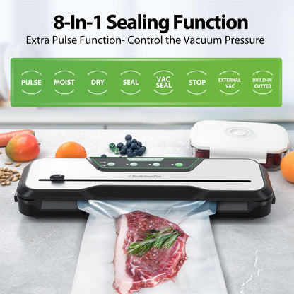 Automatic Food Vacuum Sealer Machine | Beelicious Pro 80KPa 8-In-1 Food Vacuum Saver with Starter Kits | 15 Bags, Pulse Function, Moist & Dry Mode and External VAC for Jars and Containers