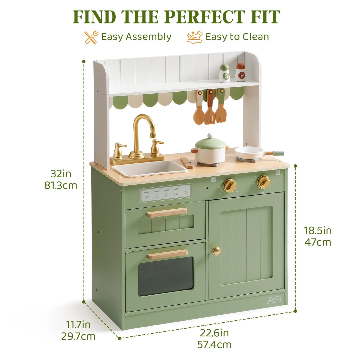 ROBUD Wooden Play Kitchen Set for Kids, Pretend Play Kitchen Toy Set with Golden Faucet, Sink, Oven, Stove, Cabinet, Vintage Style, Gift for Boys & Girls Ages 3+ (Green)