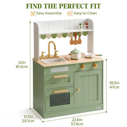 ROBUD Wooden Play Kitchen Set for Kids, Pretend Play Kitchen Toy Set with Golden Faucet, Sink, Oven, Stove, Cabinet, Vintage Style, Gift for Boys & Girls Ages 3+ (Green)