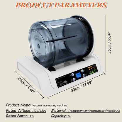 Automatic Vacuum Tumbler Marinating Machine, 5L Capacity, Meat and Vegetable Tenderizer, 15-Minute Quick Marinade, LED Display, for Kitchen and Commercial Food Processing,110V