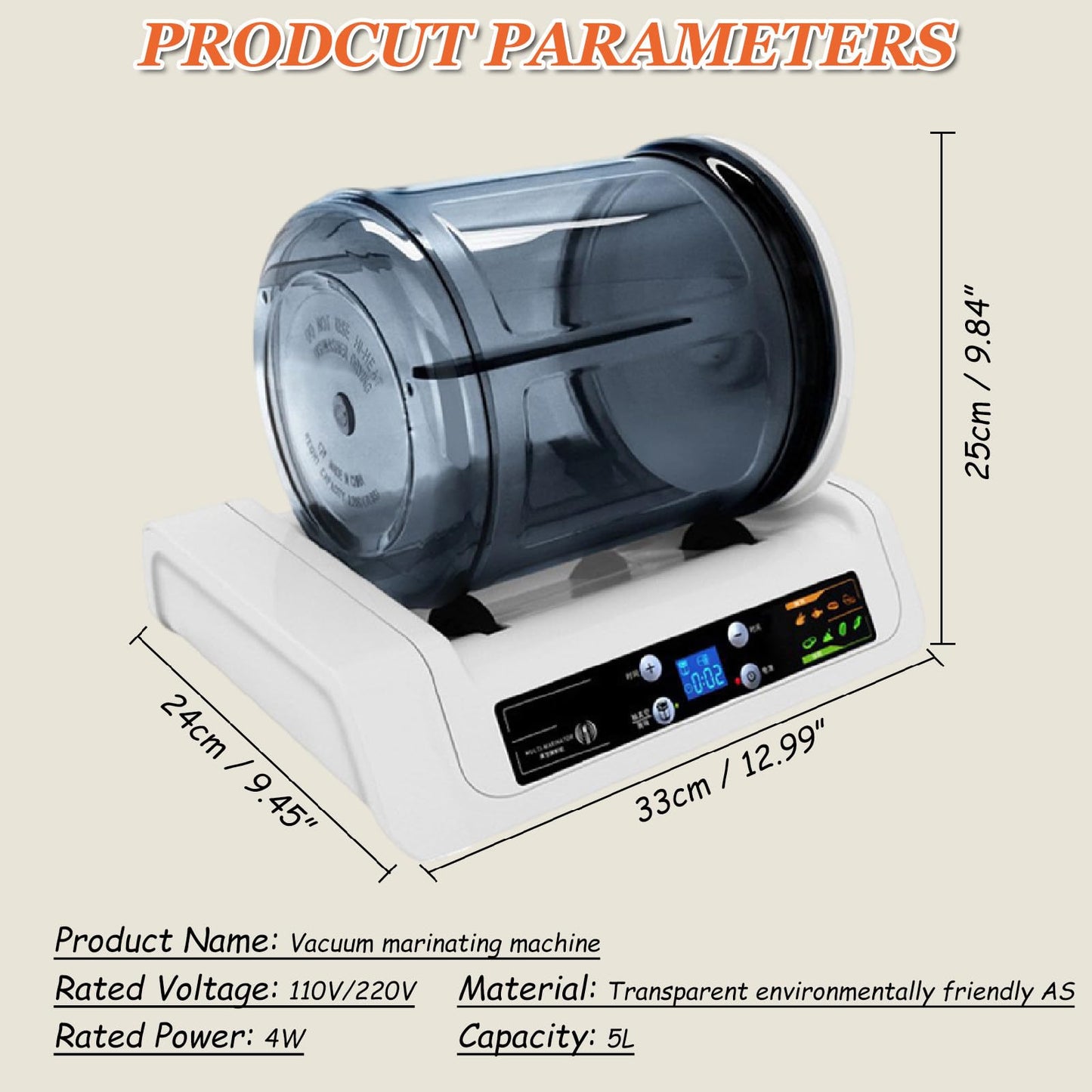 Automatic Vacuum Tumbler Marinating Machine, Meat and Vegetable Tenderizer, 0-10 Hours, One Machine for Multiple Uses, LED Display,110V