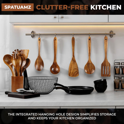 SPATUAMZ Teak Wood Spoons for Cooking, Elegant Wooden Cooking Set of 10, Excellent Kitchen Cooking Utensils Set for Home