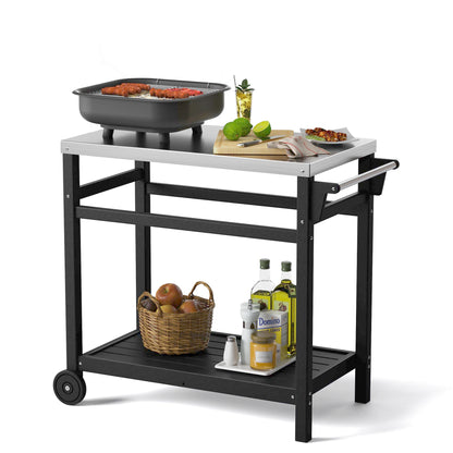 TORVA Outdoor Prep Grill Carts, 303 Stainless Steel Tabletop with High Load Capacity Portable BBQ Table, HDPE Durable Frame 2-Tier Storage Cart, Black