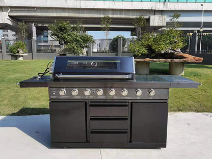 3 Piece Island Modular BBQ Outdoor Grill Black Stainless Steel with Double Refrigerator, Sink, Rotisserie, and Cover, Propane or Natural Gas