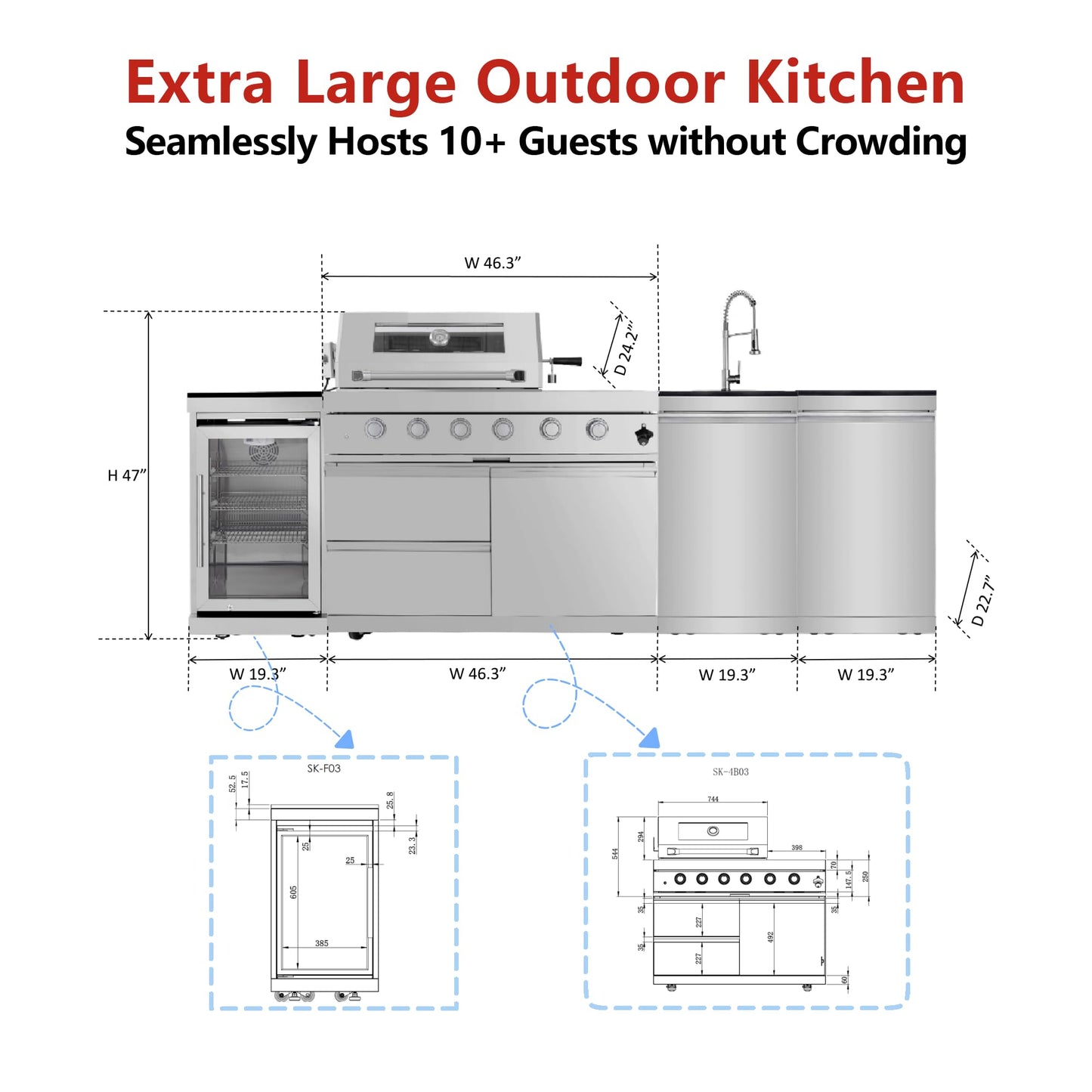 104in Oversized Modular Outdoor Kitchen Bar, 4 Burner 72000 BTU Deluxe Stainless Steel Gas Barbecue Island Kitchen for Backyard w BBQ Grill, Refrigerator, Rotisserie Kit, Countertops, Cabinets, Sink