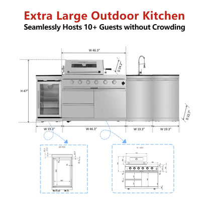 104in Oversized Modular Outdoor Kitchen Bar, 4 Burner 72000 BTU Deluxe Stainless Steel Gas Barbecue Island Kitchen for Backyard w BBQ Grill, Refrigerator, Rotisserie Kit, Countertops, Cabinets, Sink