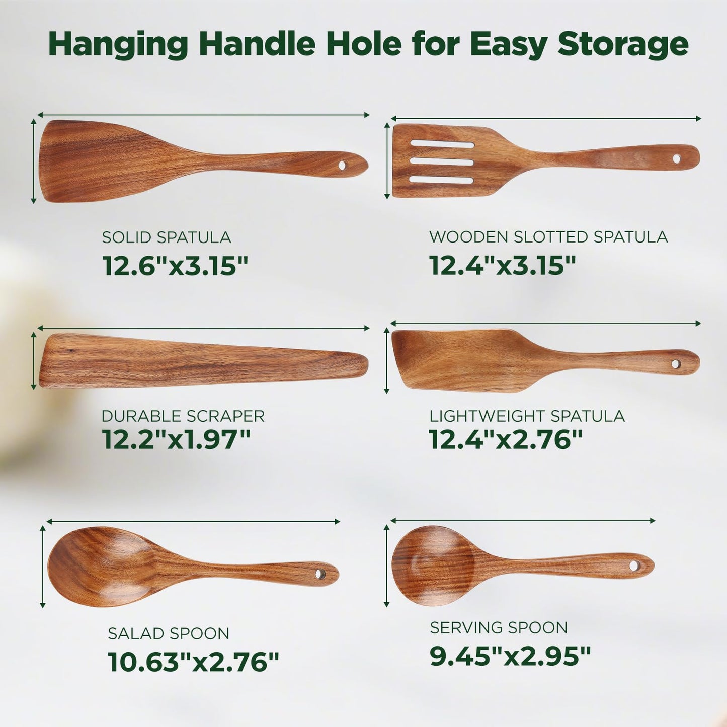 ANBUY Wooden Spoons for Cooking, 6Pcs Wood Kitchen Utensils Set, Mixing Heat Resistant Flat Spatulas and Spoons Set for Nonstick Cookware, Smooth Finish, Non-Stick, Comfortable Grip Kitchen Utensils