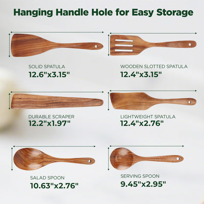 ANBUY Wooden Spoons for Cooking, 6Pcs Wood Kitchen Utensils Set, Mixing Heat Resistant Flat Spatulas and Spoons Set for Nonstick Cookware, Smooth Finish, Non-Stick, Comfortable Grip Kitchen Utensils