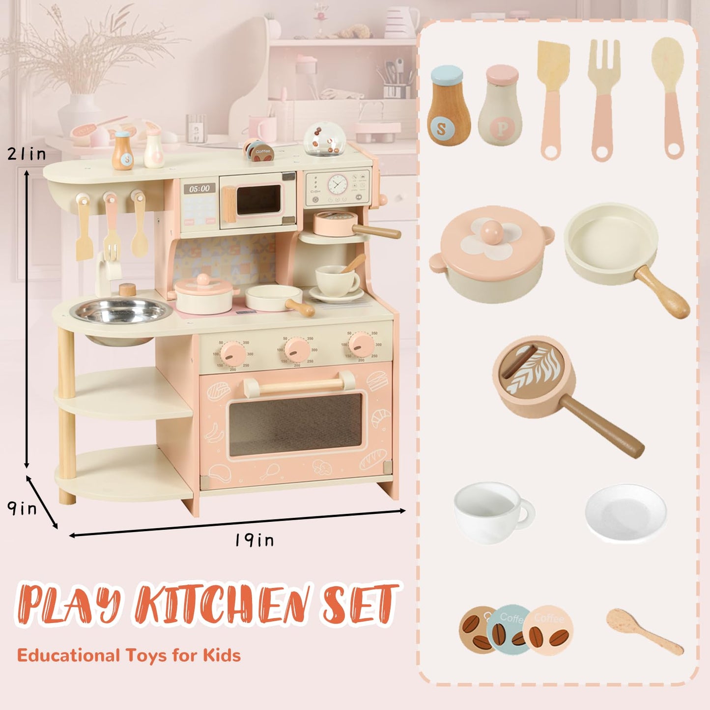 Wooden Kitchen Playset for Kids Ages 3-8, Pretend Play Kitchen for Toddlers with Realistic Design, Cooking Accessories, Coffee Maker, Oven, Microwave, Sink - Small
