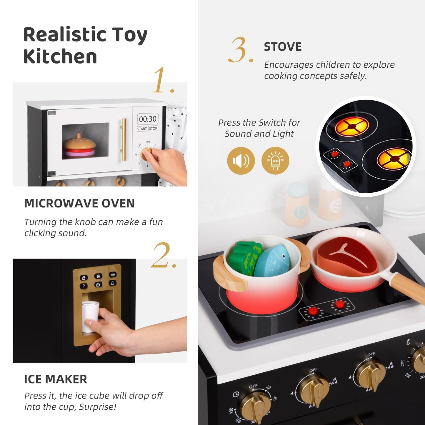 OOOK Modern Wooden Play Kitchen Set for Kids, Toddler Kitchen Playset with Real Lights & Sounds, Including 14 Pcs Accessories, Gift for Girls and Boys