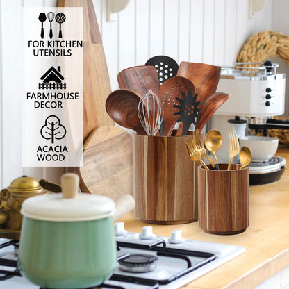 Sameme Acacia Wood Utensil Holder for Kitchen Counter, 360° Rotating 7.3"+5.7" Large Cooking Utensil Holder,Kitchen Utensil Crock for Countertop,Farmhouse Kitchen Decor,Spatula Holder Set of 2