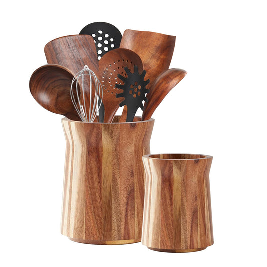 Rissbey Acacia Wood Utensil Holder - 360 Rotating, Large Wooden Kitchen Utensil Storage Organizer, Farmhouse Decor