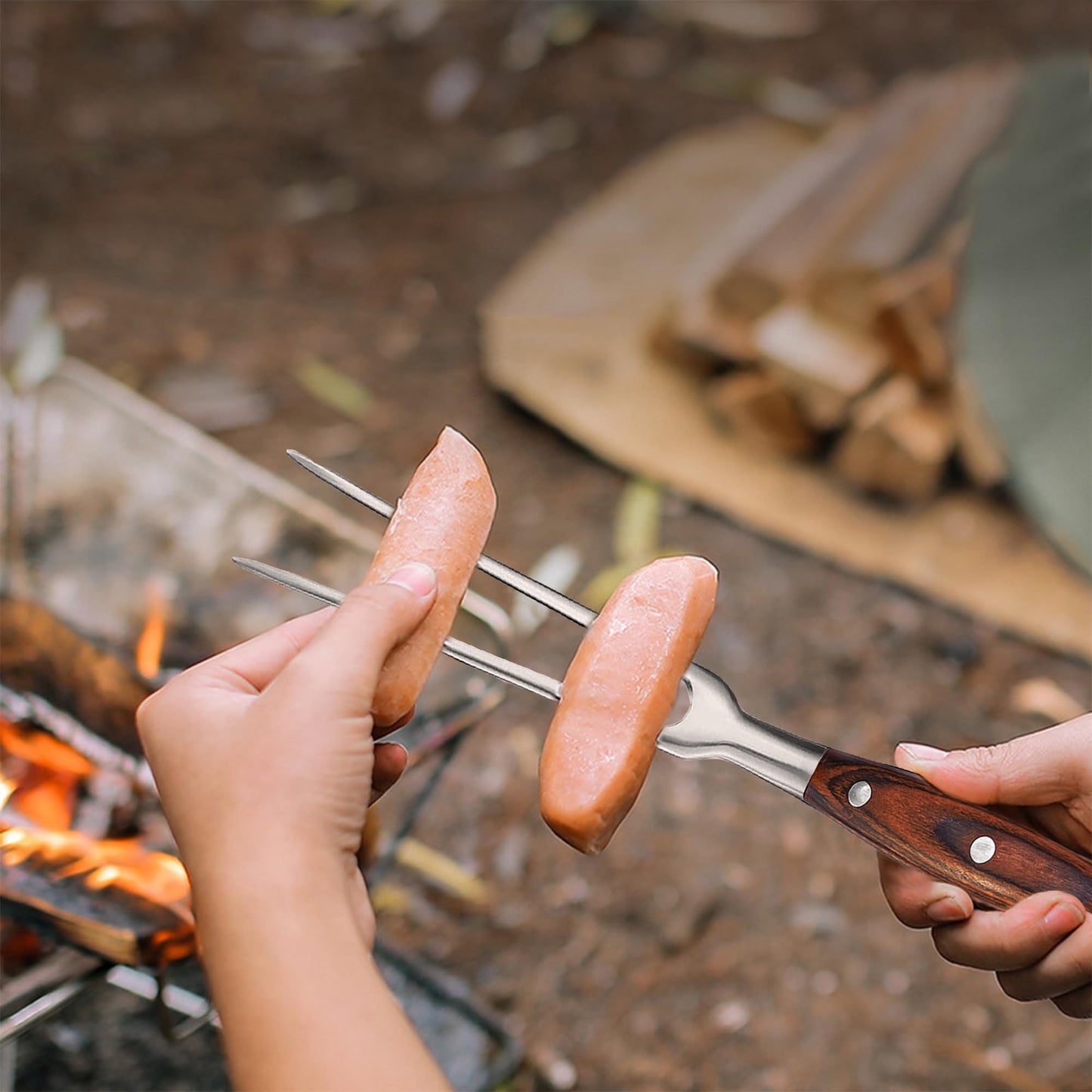BOHK Heavy Duty Stainless Steel Carving Fork 11.6 Inch BBQ Meat Fork & Serving Fork for Cooking Roasting Meat Shredding (Wood Handle)