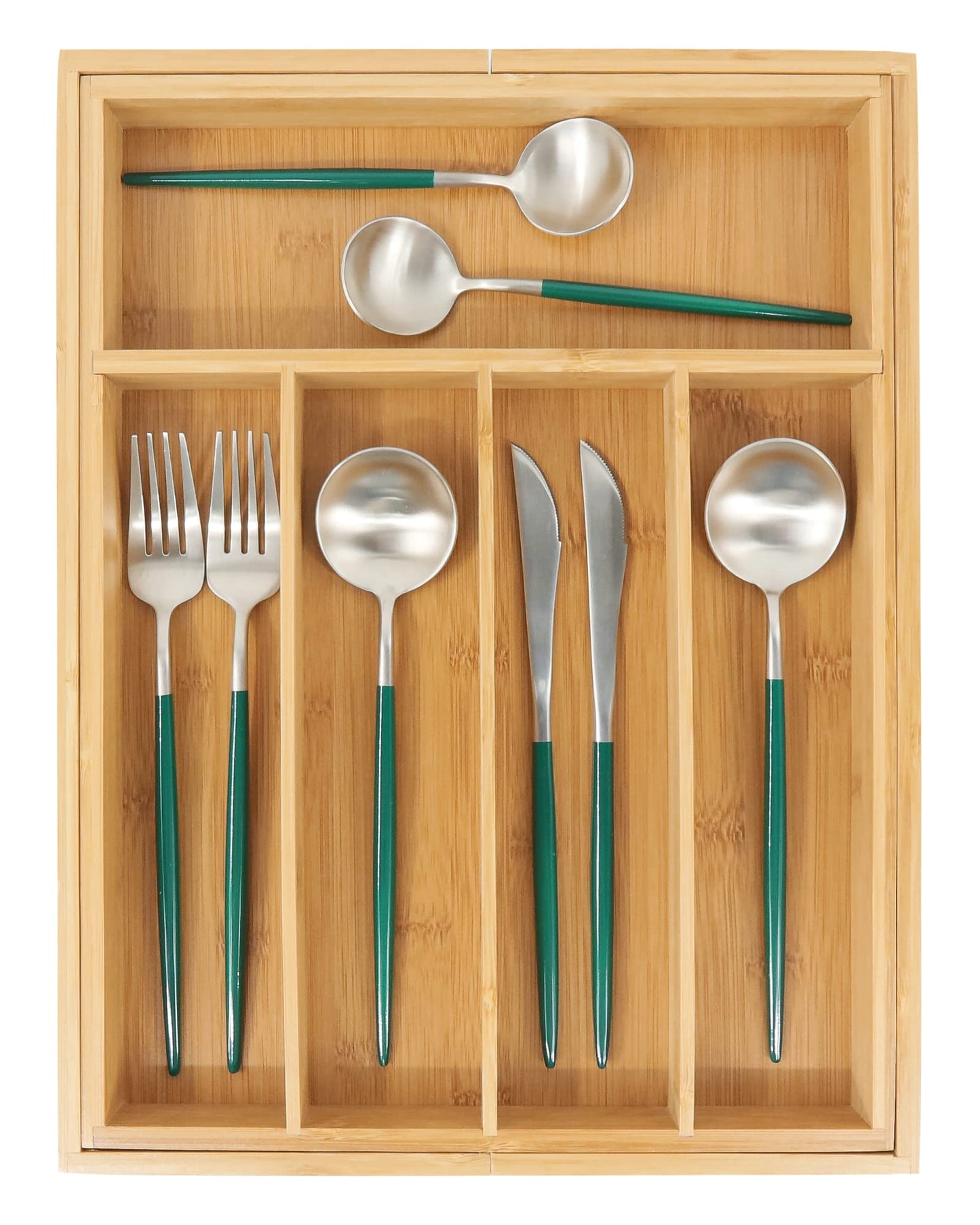 VaeFae Bamboo Silverware Organizer, Expandable Kitchen Drawer Organizer for Cutlery, Wooden Utensil Holder, Multi-Function Drawer Storage, 5-7 Compartments