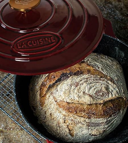 La Cuisine Enameled Cast Iron Dutch Oven Casserole Dish Pot with Lid, 2.1 QT 7.9“ /20cm Dia. Internal Matt Black Enamel Coating, Gold-Plated SS Lid Handle Oven Safe up to 500° F, Cranberry