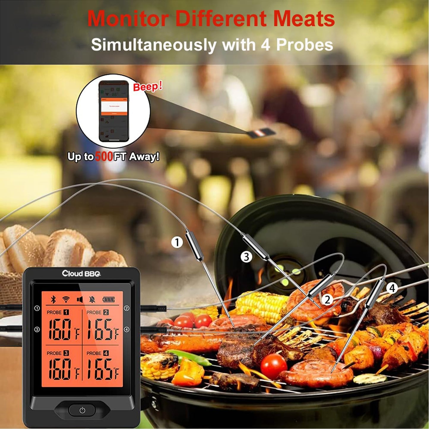 500FT Digital Meat Thermometer with Multy Probes Bluetooth Kitchen Thermometer for Smoker Grilling Oven (FS66N)