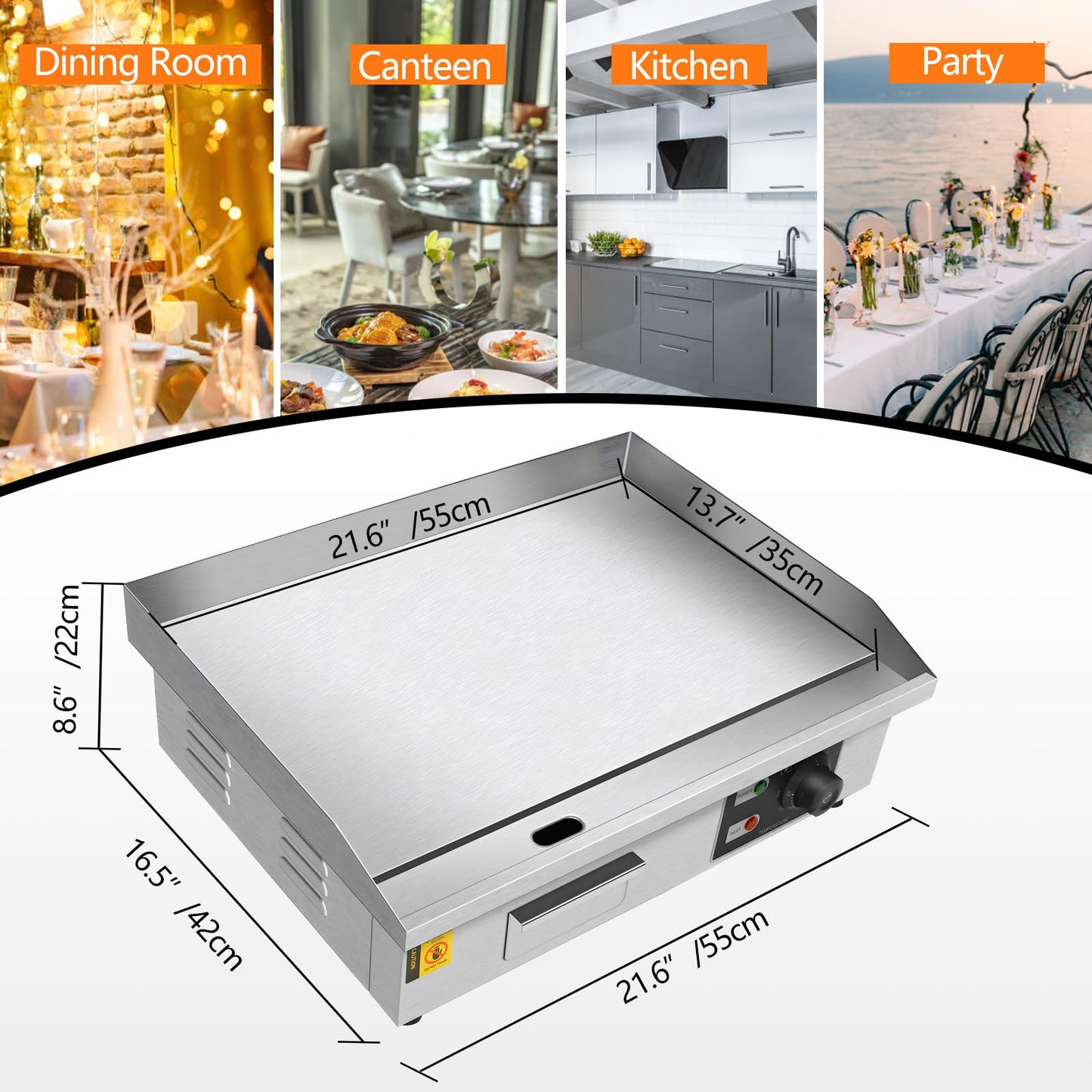 22inch 110V Commercial Electric Griddle 1600W Countertop Flat Top Griddle, Stainless Steel Teppanyaki Grill, 122-572℉ Adjustable Temp Control for Restaurant Kitchen