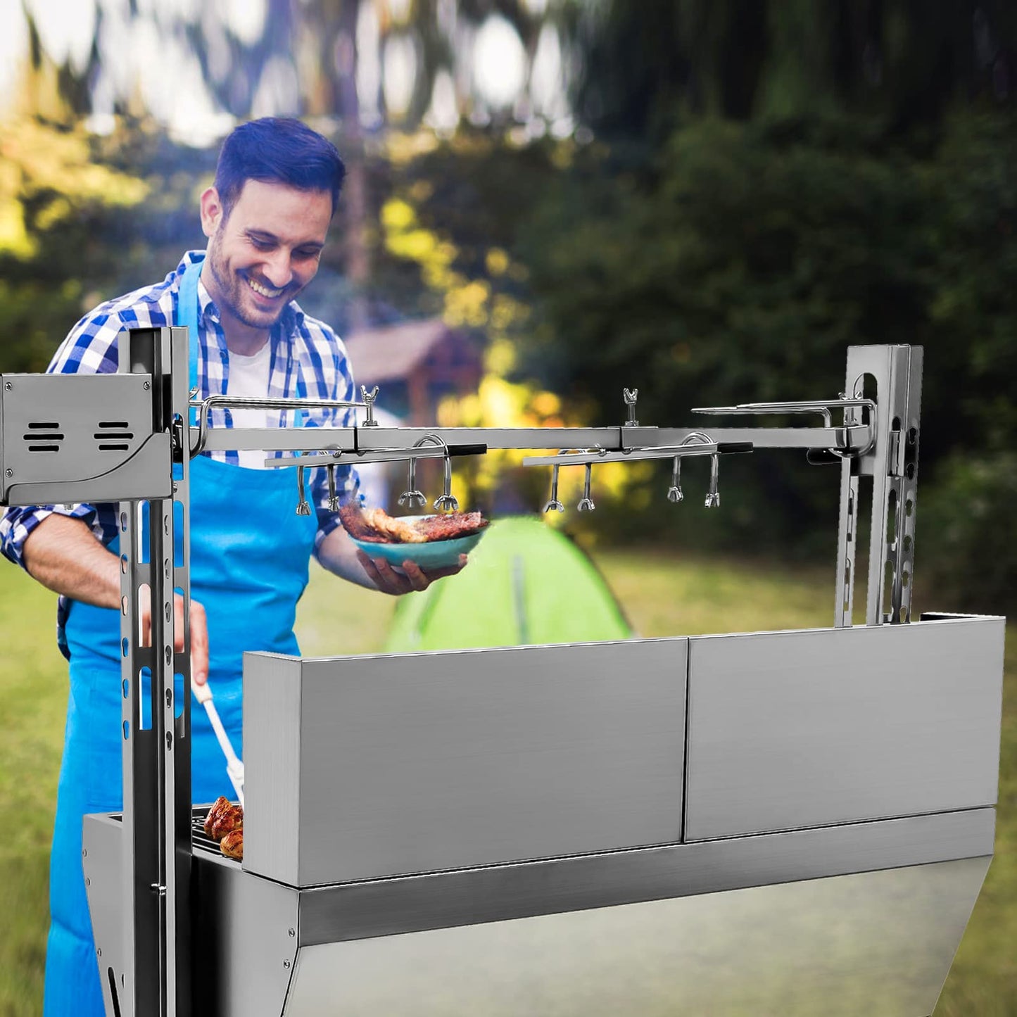 176LBS Stainless Steel Rotisserie Grill Roaster Small Pig Lamb with Back Cover Guard 25W Motor for Camping Outdoor BBQ Silver