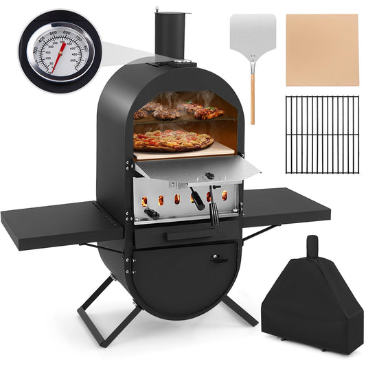 Giantex Pizza Oven Wood Fired - 2-Layer Outdoor Pizza Oven with Side Tables, Bottom Storage Cabinet, Pizza Stone, Pizza Peel, Cooking Grid, Cover, Pizza Maker for Outside Backyard Party Camping