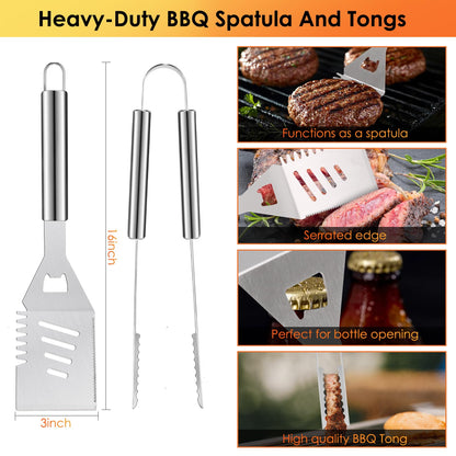 Yoehka BBQ Grilling Accessories Set, 34Pcs Heavy Duty Grill Tools for Outdoor Camping, Grilling Gifts for Men Dad, Stainless Steel Barbecue Utensils Kit with Mats and Glove in Carrying Bag, Silver