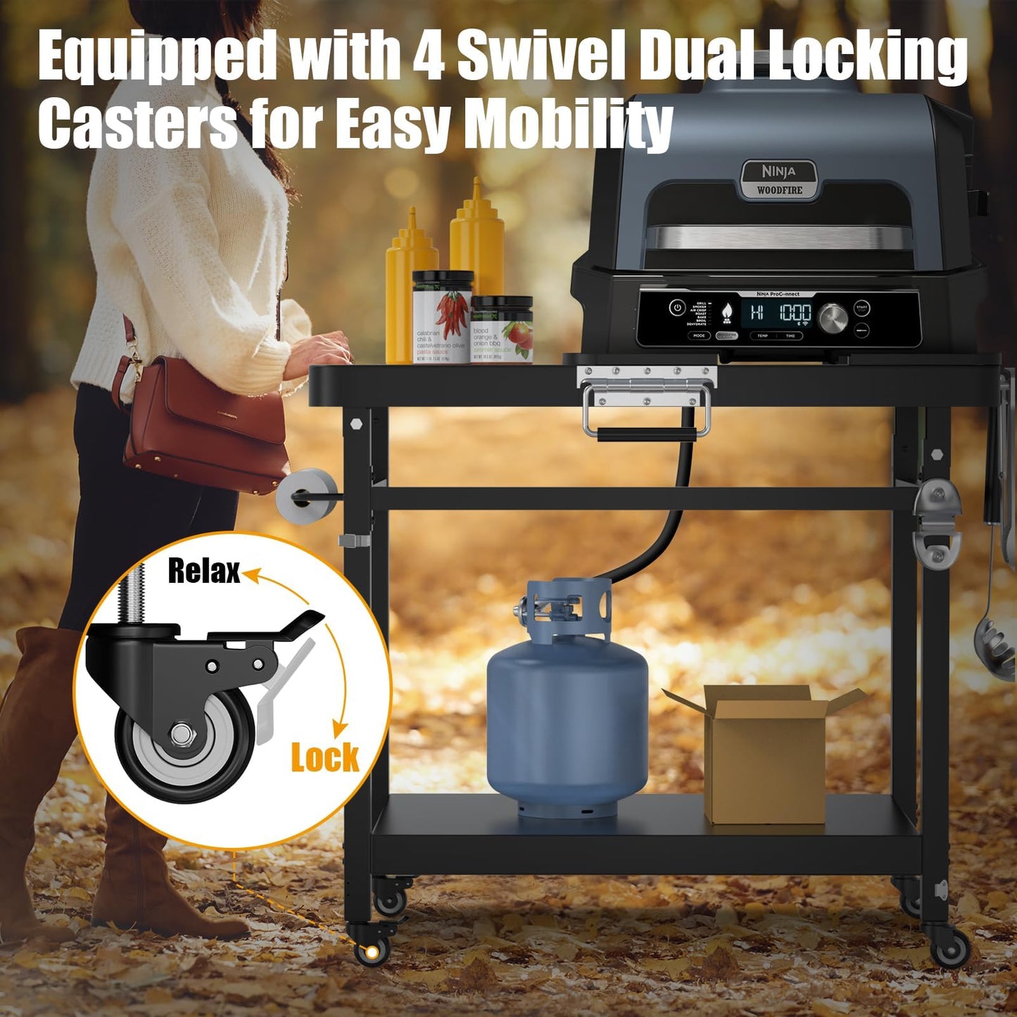 Universal Grill Stand for Ninja Woodfire Outdoor Grill,Portable Foldable Grill Cart Table for XSKUNSTAND OG700 OG800 OG900 OO101 SER Smoker Pizza Oven Accessories with 4 Wheels & Grill Cover