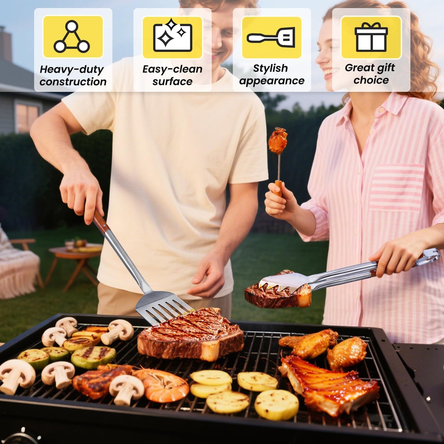 Grilling Accessories - 4Pcs BBQ Grilling Tools Set, Heavy Duty Rose Wooden Barbecue Grill Tools Kit for Outdoor Grill, Flat Top Griddle Accessories Kit for Blackstone, BBQ Gift for Men and Women