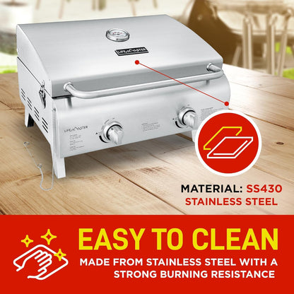 Lifemaster Portable Stainless Steel Gas Grill - 2 Burners Easy Clean Tabletop BBQ Propane Gas Grill with Foldable Legs and Wind Proof Lid for Camping and Outdoor - Silver