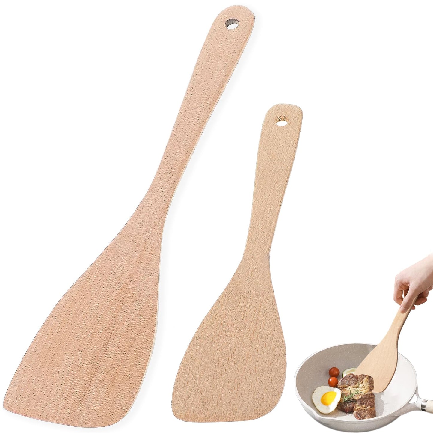 Wooden Spatula for Cooking, 13" Long Handle Flat Wood Spatulas Turner for Non Stick Cookware with 8.8’’ Uncoated Spurtle for Frying Mixing Kitchen Utensil Set 2 PCS