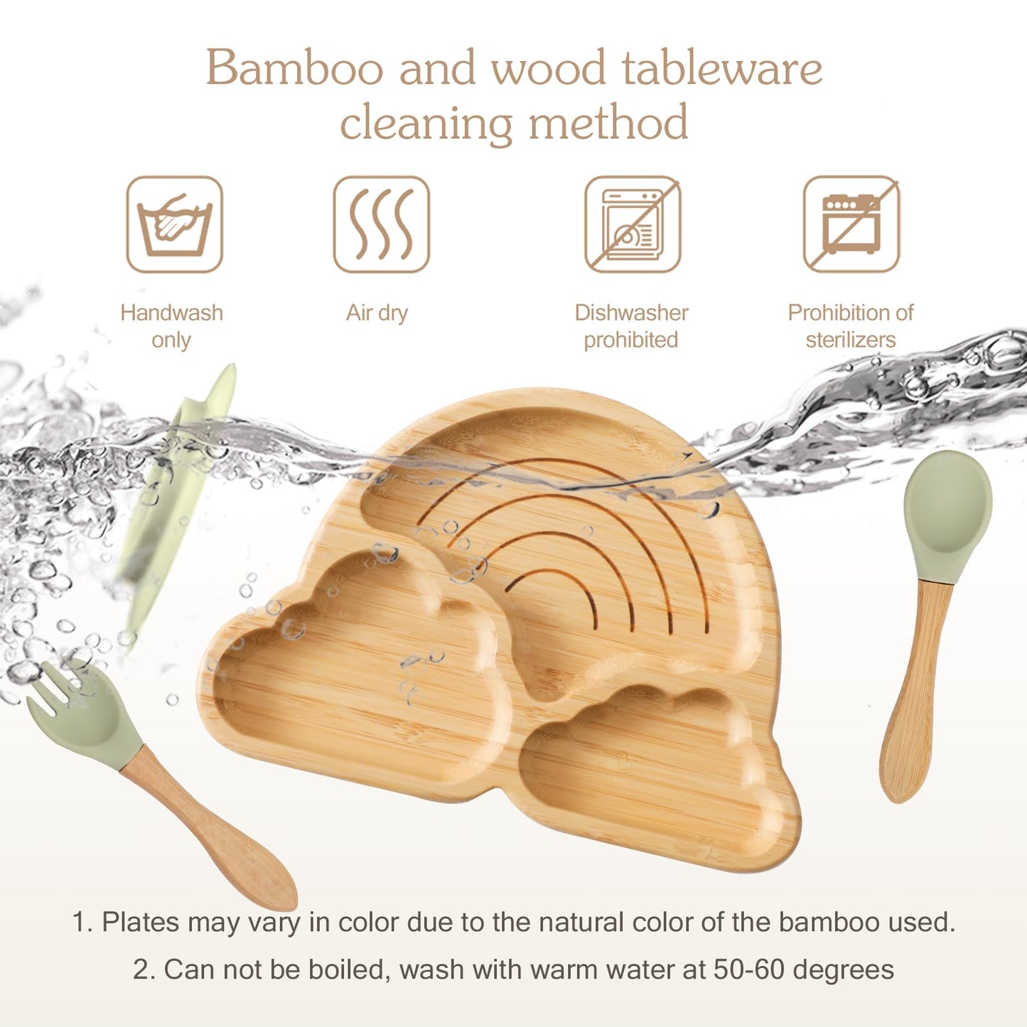 Bamboo Suction Plates Bowls Set for Baby Toddler Divided Platter Food bowl with Silicone Fork & Spoon All-Natural Baby Feeding Set for Baby-Led Weaning, Non-Slip Design