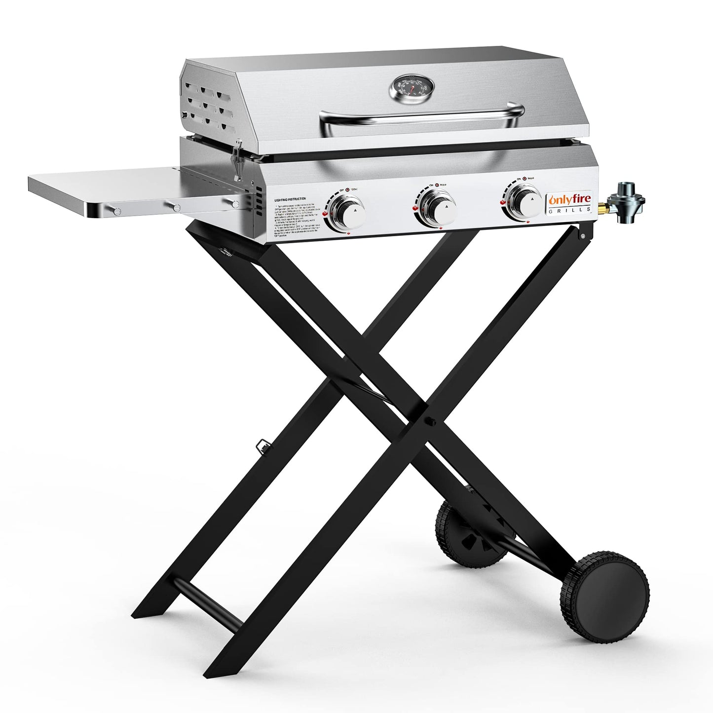 ONLYFIRE GRILLS Portable Propane Gas Griddle 3-Burner with Foldable Cart & Side Table, Flat Top Gas Grill Griddle Stove with Lid, for Outdoor Cooking Patio Backyard Camping RV Tailgating Beach, GS310